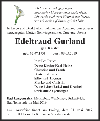 Traueranzeige von Edeltraud Gurland von Thüringer Allgemeine, Thüringische Landeszeitung