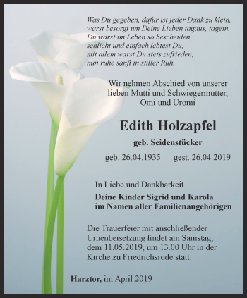 Traueranzeige von Edith Holzapfel von Thüringer Allgemeine
