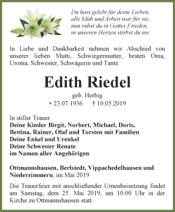 Traueranzeige von Edith Riedel von Thüringer Allgemeine, Thüringische Landeszeitung