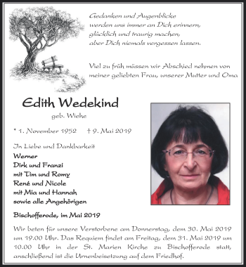 Traueranzeige von Edith Wedekind von Thüringer Allgemeine