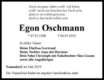 Traueranzeige von Egon Oschmann von Thüringer Allgemeine, Thüringische Landeszeitung