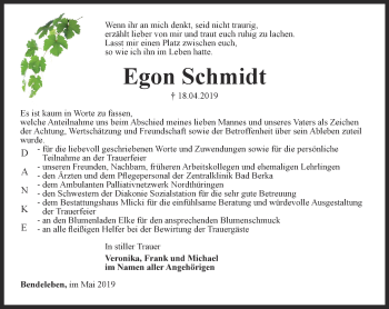 Traueranzeige von Egon Schmidt von Thüringer Allgemeine