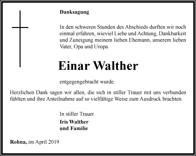  Traueranzeige für Einar Walther vom 18.05.2019 aus Ostthüringer Zeitung
