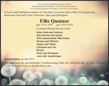 Traueranzeige von Elfie Quatuor von Thüringer Allgemeine