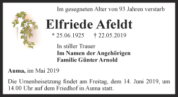 Traueranzeige von Elfriede Afeldt von Ostthüringer Zeitung