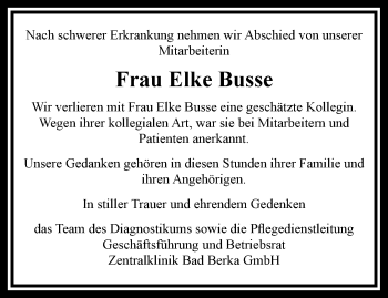 Traueranzeige von Elke Busse von Thüringer Allgemeine, Thüringische Landeszeitung