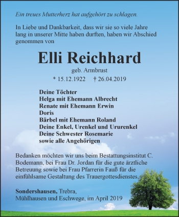 Traueranzeige von Elli Reichhard von Thüringer Allgemeine
