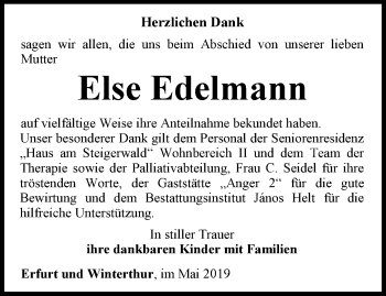 Traueranzeige von Else Edelmann von Thüringer Allgemeine, Thüringische Landeszeitung