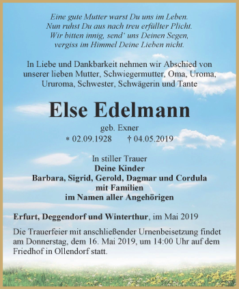 Traueranzeige von Else Edelmann von Thüringer Allgemeine, Thüringische Landeszeitung