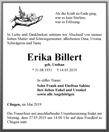 Traueranzeige von Erika Billert von Thüringer Allgemeine