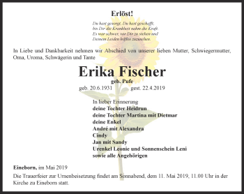 Traueranzeige von Erika Fischer von Ostthüringer Zeitung