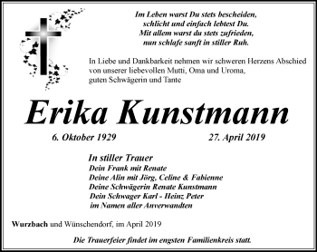 Traueranzeige von Erika Kunstmann von Ostthüringer Zeitung