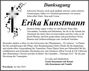 Traueranzeige von Erika Kunstmann von Ostthüringer Zeitung