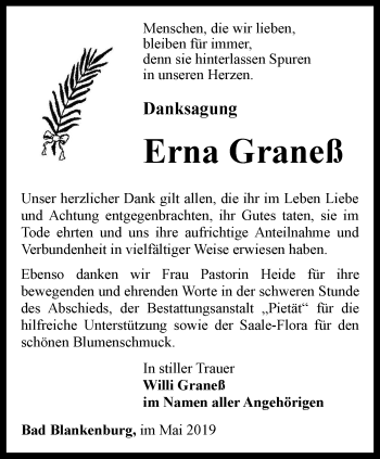 Traueranzeige von Erna Graneß von Ostthüringer Zeitung