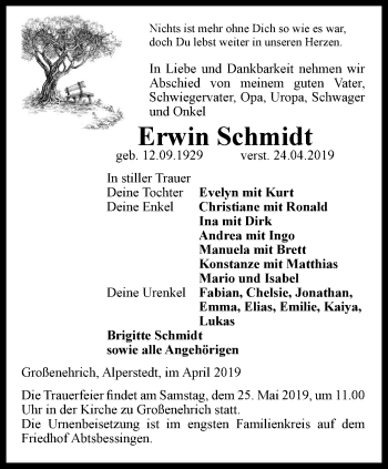 Traueranzeige von Erwin Schmidt von Thüringer Allgemeine