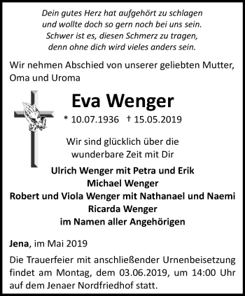 Traueranzeige von Eva Wenger von Ostthüringer Zeitung, Thüringische Landeszeitung