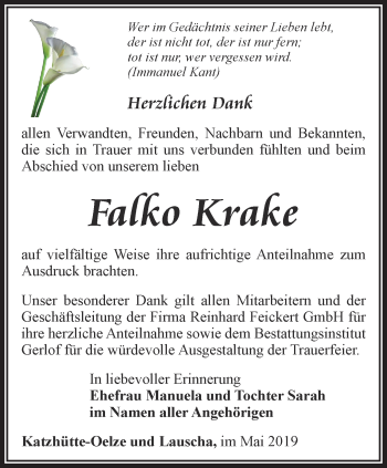 Traueranzeige von Falko Krake von Ostthüringer Zeitung