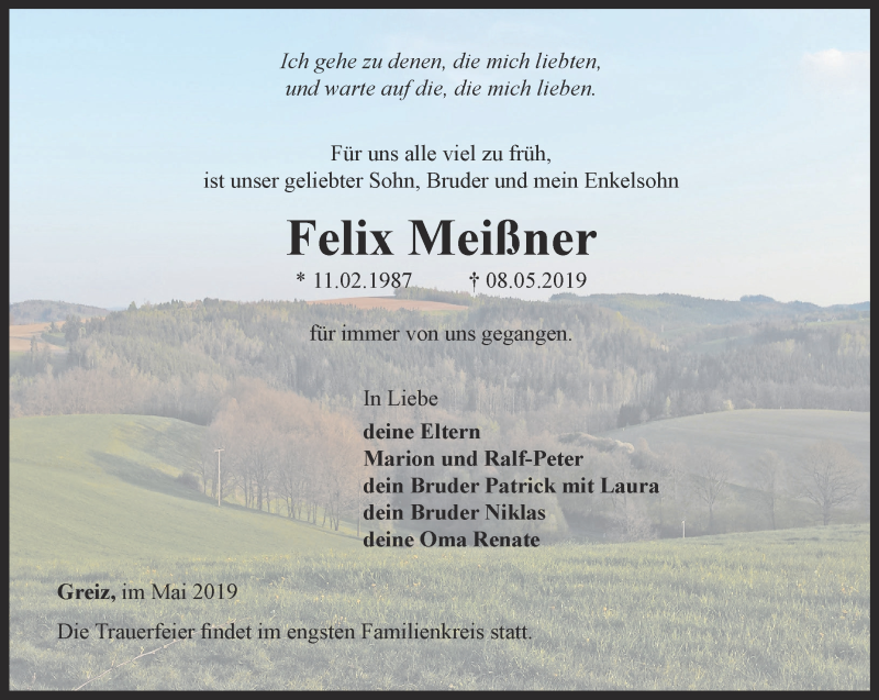  Traueranzeige für Felix Meißner vom 18.05.2019 aus Ostthüringer Zeitung