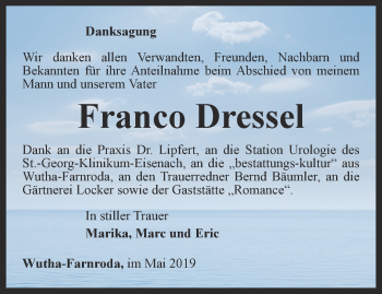 Traueranzeige von Franco Dressel von Thüringer Allgemeine, Thüringische Landeszeitung