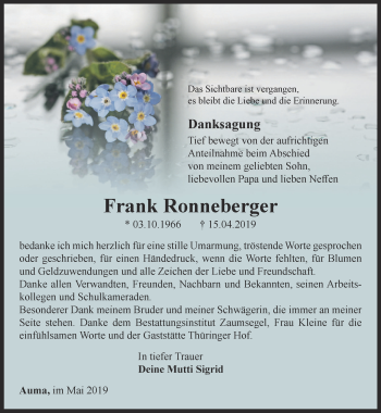 Traueranzeige von Frank Ronneberger von Ostthüringer Zeitung