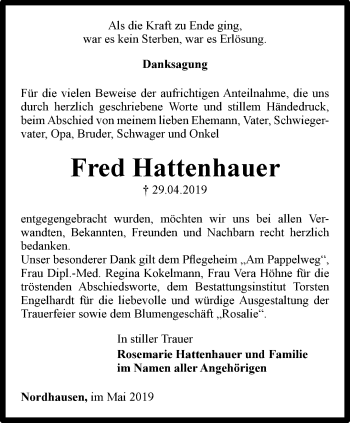 Traueranzeige von Fred Hattenhauer von Thüringer Allgemeine