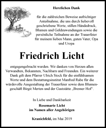 Traueranzeige von Friedrich Licht von Thüringer Allgemeine, Thüringische Landeszeitung