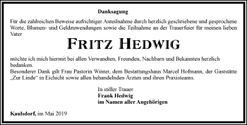 Traueranzeige von Fritz Hedwig von Ostthüringer Zeitung