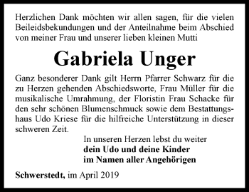 Traueranzeige von Gabriela Unger von Thüringer Allgemeine, Thüringische Landeszeitung