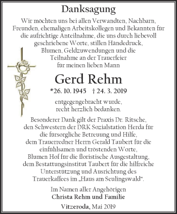 Traueranzeige von Gerd Rehm von Thüringer Allgemeine, Thüringische Landeszeitung