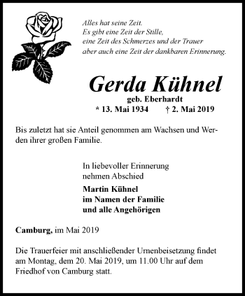 Traueranzeige von Gerda Kühnel von Ostthüringer Zeitung, Thüringische Landeszeitung