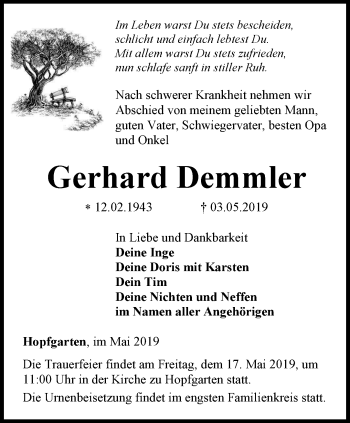 Traueranzeige von Gerhard Demmler von Thüringer Allgemeine, Thüringische Landeszeitung