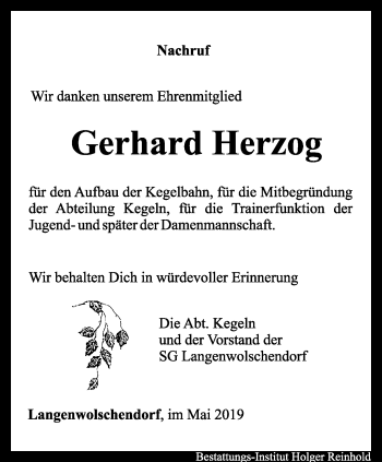 Traueranzeige von Gerhard Herzog von Ostthüringer Zeitung