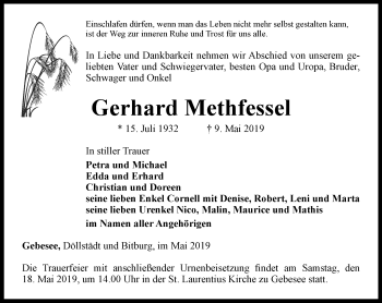 Traueranzeige von Gerhard Methfessel von Thüringer Allgemeine, Thüringische Landeszeitung