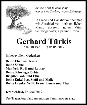 Traueranzeige von Gerhard Türkis von Thüringer Allgemeine, Thüringische Landeszeitung