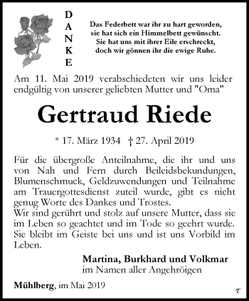 Traueranzeige von Gertraud Riede von Ostthüringer Zeitung, Thüringische Landeszeitung