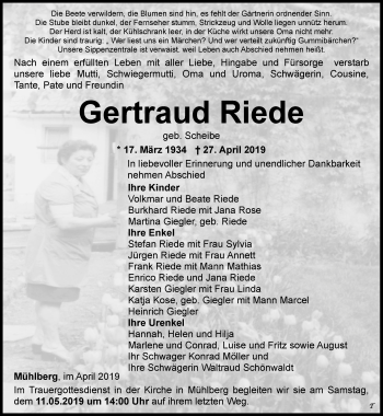 Traueranzeige von Gertraud Riede von Ostthüringer Zeitung, Thüringische Landeszeitung