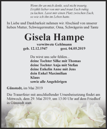 Traueranzeige von Gisela Hampe von Thüringer Allgemeine
