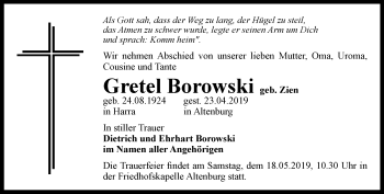 Traueranzeige von Gretel Borowski von Ostthüringer Zeitung