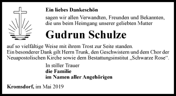 Traueranzeige von Gudrun Schulze von Thüringer Allgemeine, Thüringische Landeszeitung