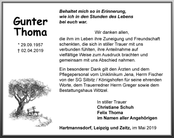 Traueranzeige von Gunter Thoma von Ostthüringer Zeitung