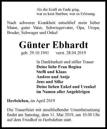 Traueranzeige von Günter Ebhardt von Thüringer Allgemeine, Thüringische Landeszeitung