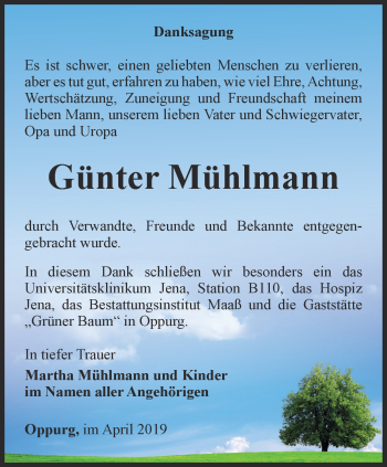 Traueranzeige von Günter Mühlmann von Ostthüringer Zeitung