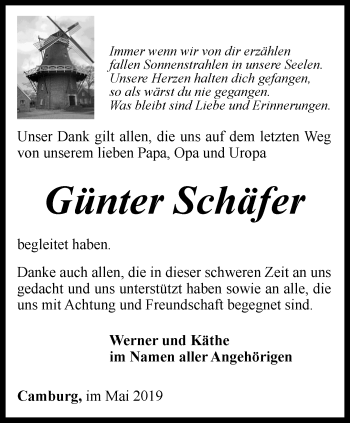 Traueranzeige von Günter Schäfer von Ostthüringer Zeitung, Thüringische Landeszeitung