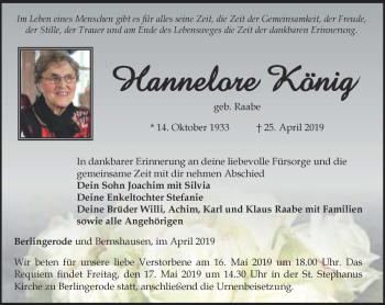 Traueranzeige von Hannelore König von Thüringer Allgemeine