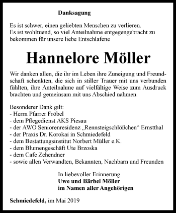 Traueranzeige von Hannelore Möller von Ostthüringer Zeitung