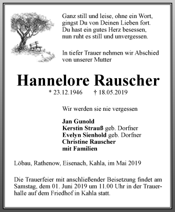 Traueranzeige von Hannelore Rauscher von Ostthüringer Zeitung, Thüringische Landeszeitung