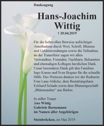 Traueranzeige von Hans-Joachim Wittig von Thüringer Allgemeine