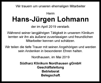 Traueranzeige von Hans-Jürgen Lohmann von Thüringer Allgemeine