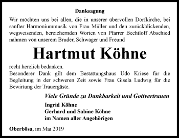 Traueranzeige von Hartmut Köhne von Thüringer Allgemeine