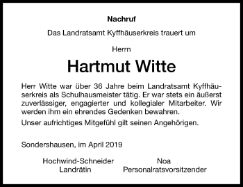 Traueranzeige von Hartmut Witte von Thüringer Allgemeine